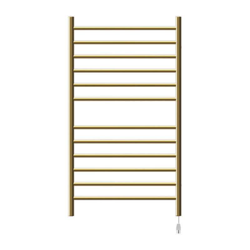 Radiant Large Straight 12 Bar Towel Warmer Satin Brass Plug in Front View