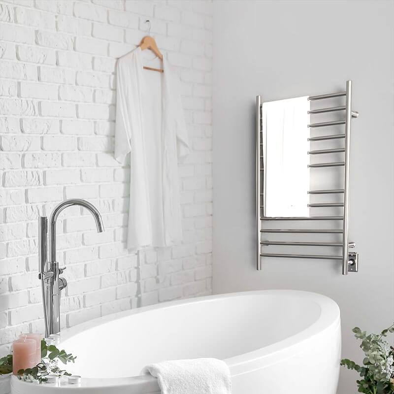 Radiant Large Straight Polished Stainless Hardwired Side View With Towel