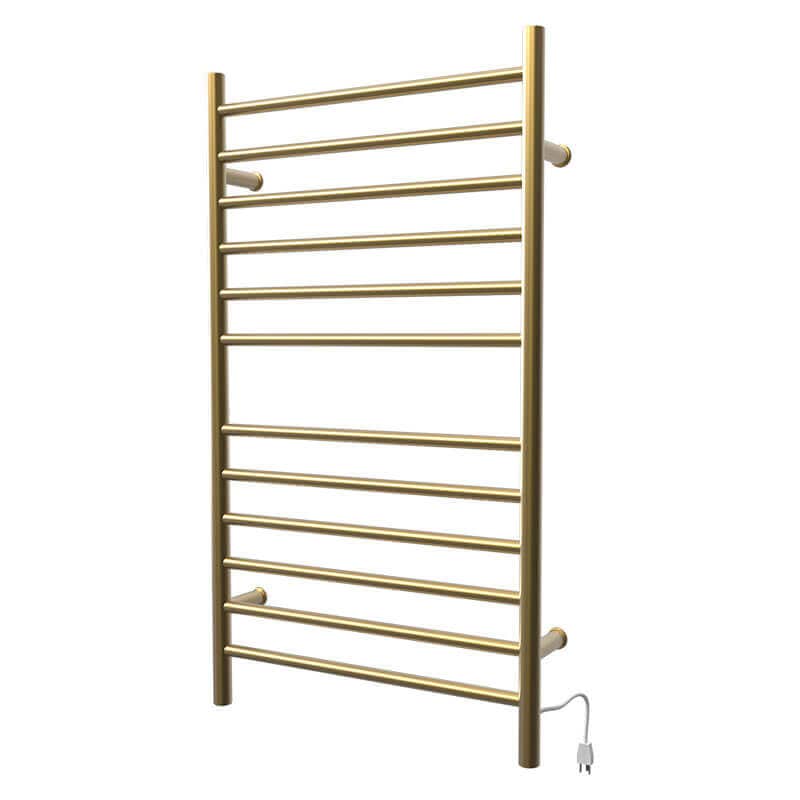 Radiant Large Straight Towel Warmer Satin Brass Plug in Corner View
