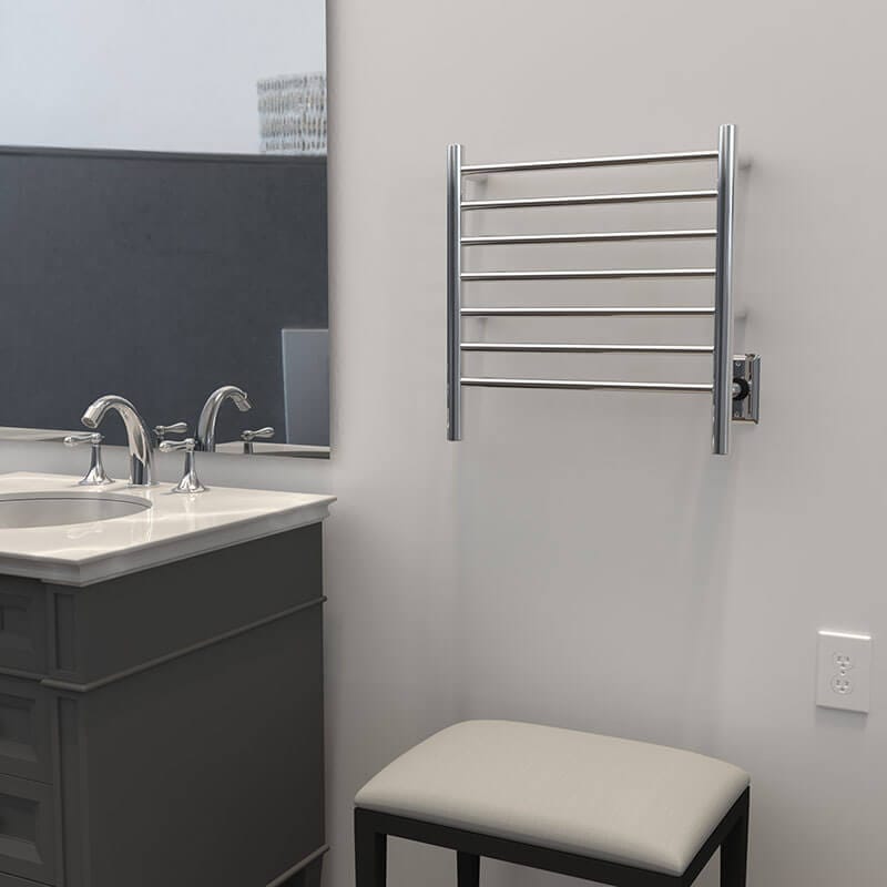 Radiant Small 7 Bar Towel Warmer Polished Stainless Hardwired Side View Application
