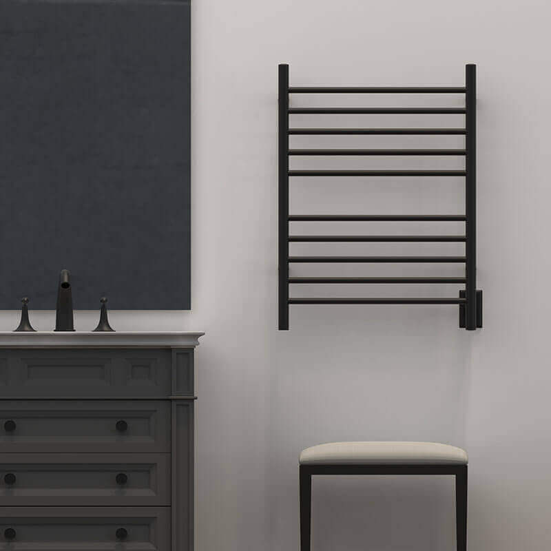 Radiant Straight 10 Bar Towel Warmer Matte Black Hardwired Front View Application