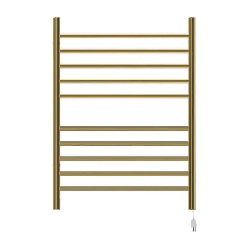 Radiant Straight 10 Bar Towel Warmer Polished Gold Plug in Front View