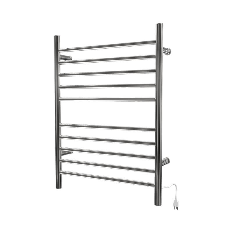 Radiant Straight 10 Bar Towel Warmer Polished Stainless Plug in Side View