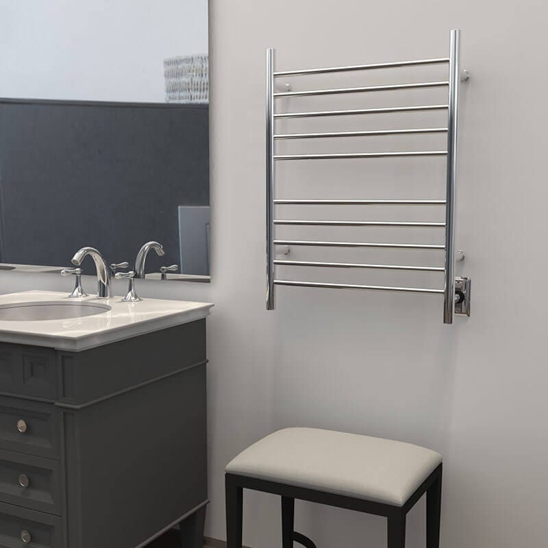Radiant Straight 10 Bar Towel Warmer Polished Stainless Side View Application