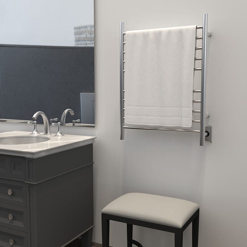 Radiant Straight Towel Warmer Brushed Stainless Hardwired Side View Towel