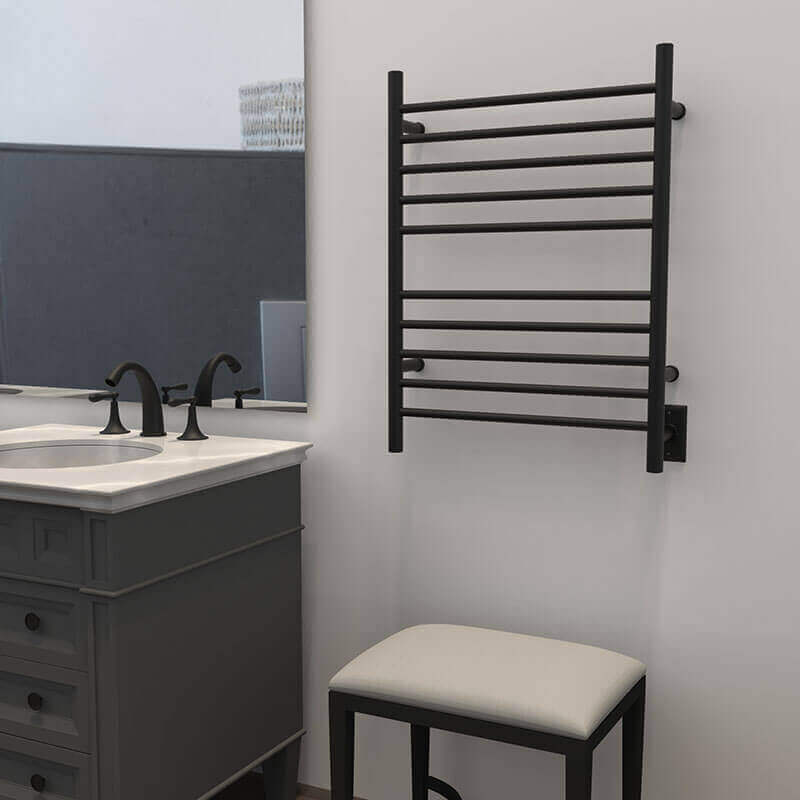 Radiant Straight Towel Warmer Matte Black Hardwired Side View Application