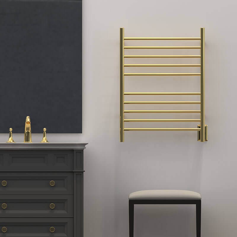 Radiant Straight Towel Warmer Polished Gold Hardwired Front View Application