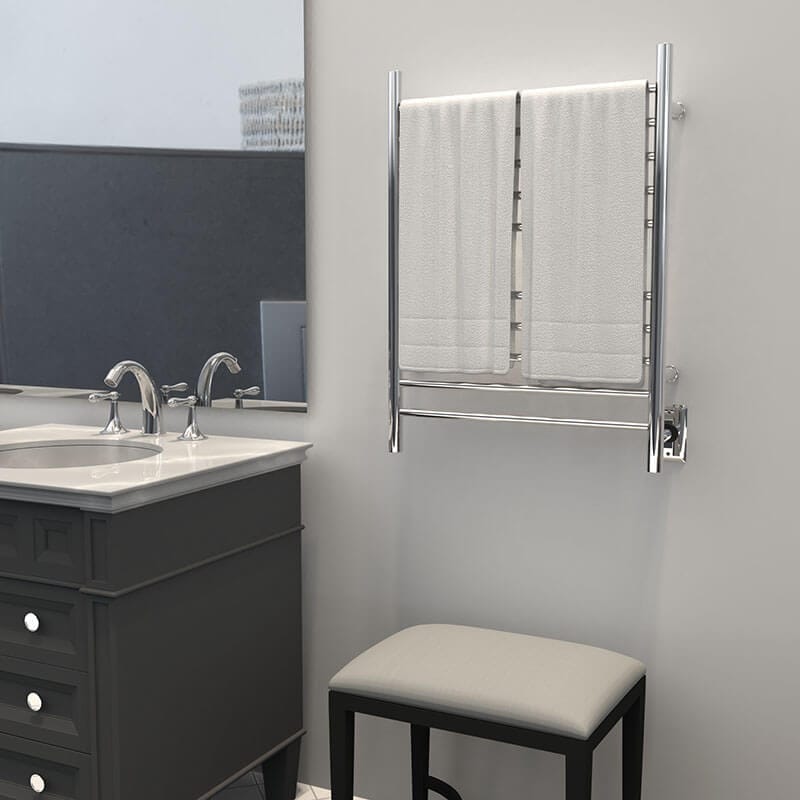 Radiant Straight Towel Warmer Polished Stainless Hardwired Side View 2 Face Towel