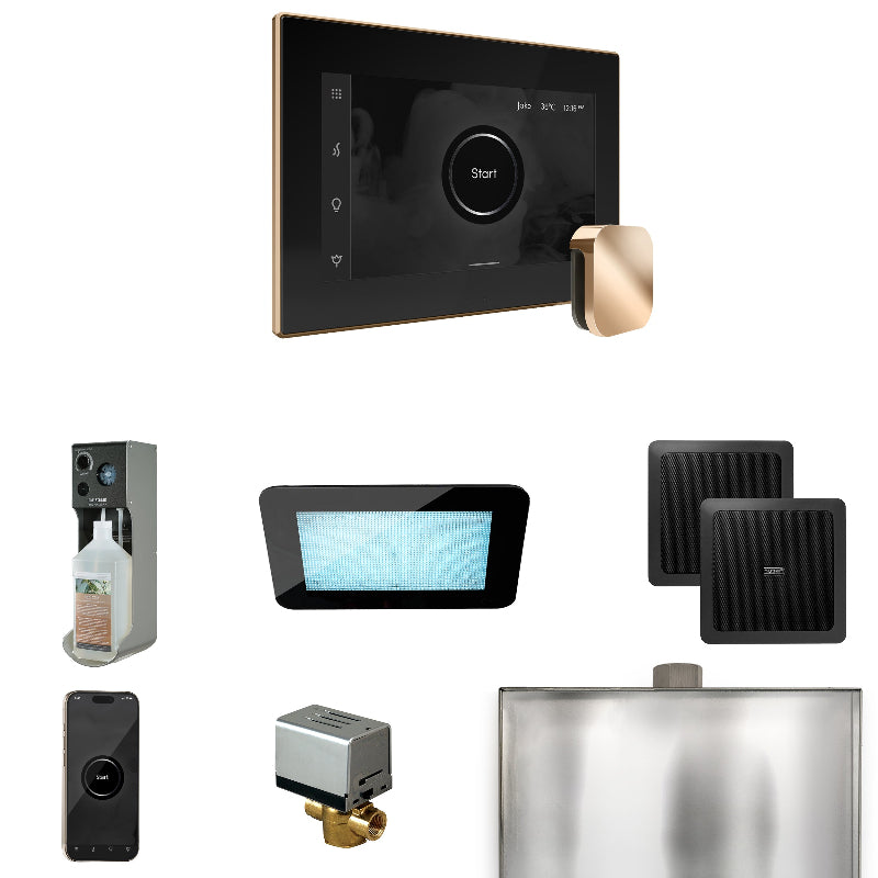Mr Steam XDream Steam Shower Control Package with Black iSteamX Control and Polished Gold Aromasteam Steamhead