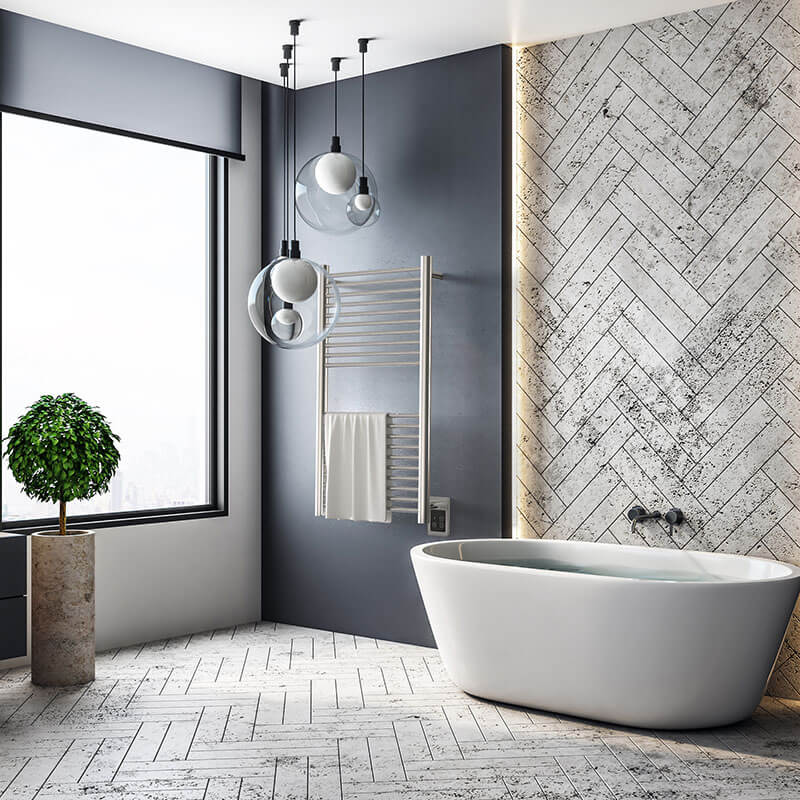 a2036.2 20 Bar Hardwired Towel Warmer Polished Stainless Corner View Bathroom Set Up