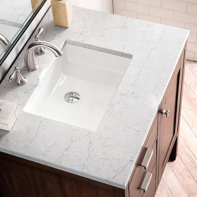 Addison 30 Inch Single Vanity in Mid Century Acacia With Eternal Jasmine Pearl Silestone Top