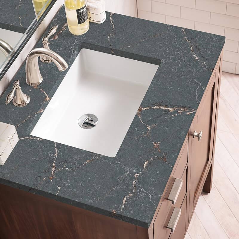 Addison 30 Inch Single Vanity in Mid Century Acacia With Parisien Bleu Silestone Top
