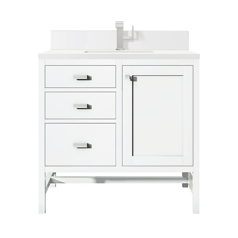 Addison 36" Single Vanity in Glossy White With Single Hole Faucet White Zeus Silestone Top Backsplash