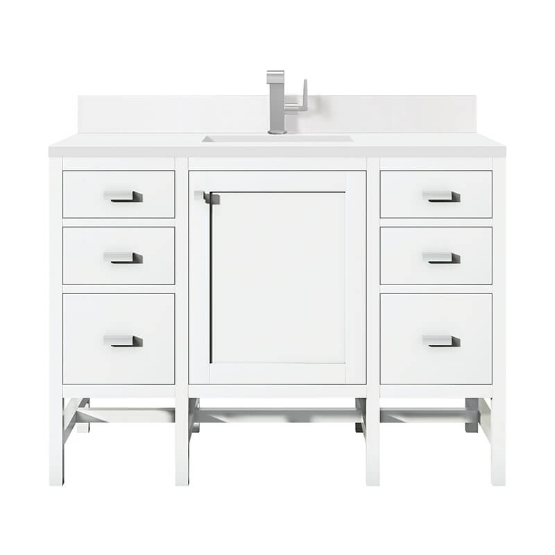 Addison 48 Inch Single Vanity in Glossy White With Single Hole Faucet White Zeus Silestone Top Backsplash