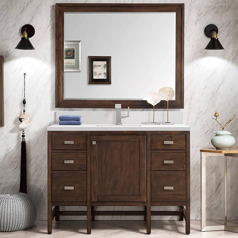 Addison 48 Inch Single Vanity in Mid Century Acacia With Single Hole Faucet White Zeus Silestone Top Backsplash
