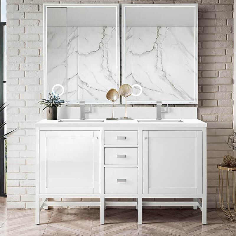 Addison 60" Double Vanity in Glossy White With Single Hole Faucet White Zeus Silestone Top Backsplash