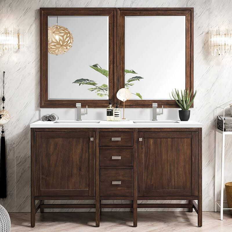 Addison 60" Double Vanity in Mid Century Acacia With Single Hole Faucet White Zeus Silestone Top Backsplash