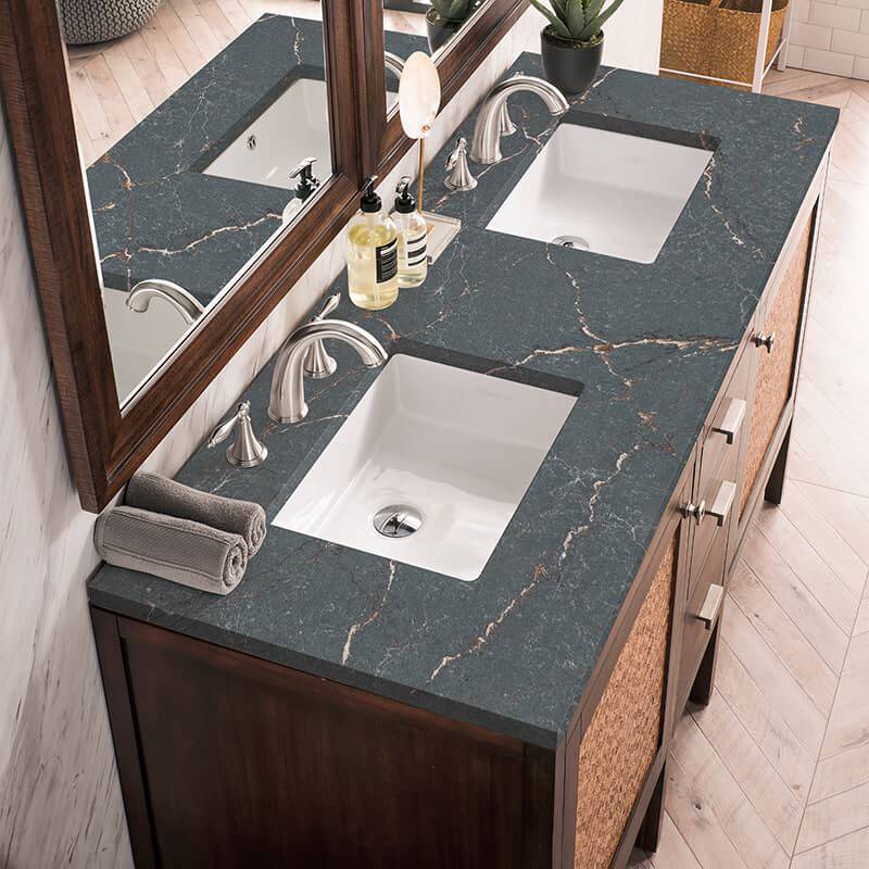 Addison 60 Inch Double Vanity in Mid Century Acacia With Parisien Bleu Silestone Top