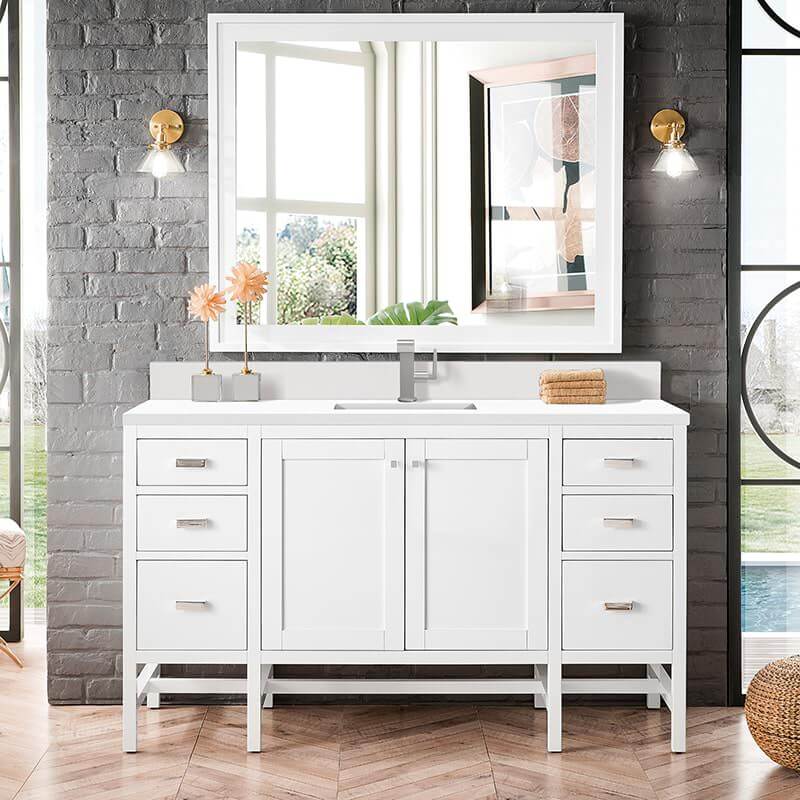 Addison 60" Single Vanity in Glossy White With Single Hole Faucet White Zeus Silestone Top Backsplash