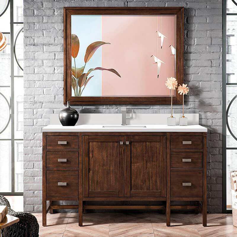 Addison 60" Single Vanity in Mid Century Acacia With Single Hole Faucet White Zeus Silestone Top Backsplash