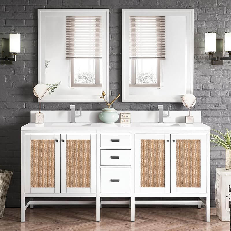 Addison 72" Double Vanity in Glossy White With White Single Hole Faucet White Zeus Silestone Top Backsplash