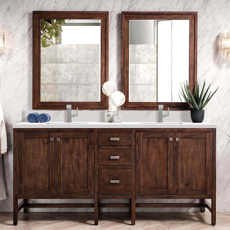 Addison 72" Double Vanity in Mid Century Acacia With Single Hole Faucet White Zeus Silestone Top Backsplash