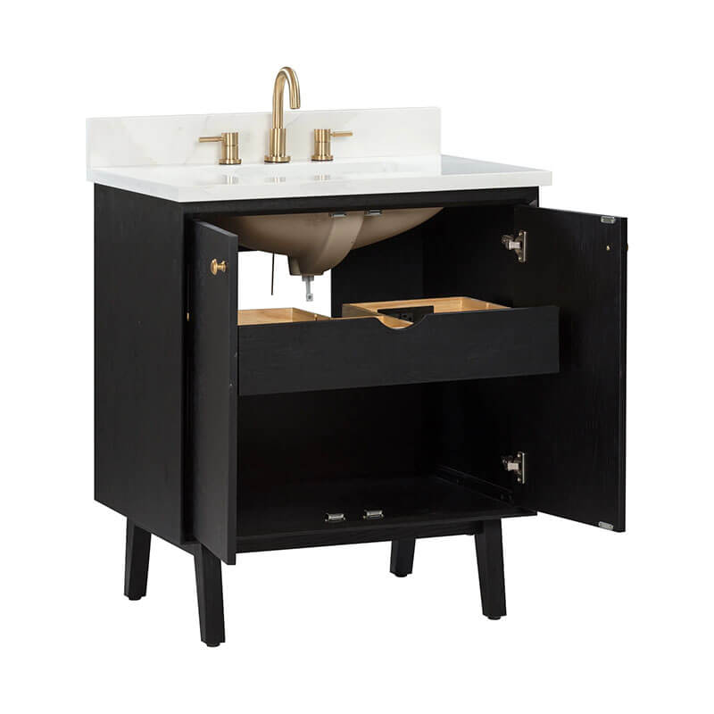 Adele 30 inch Single Sink Bathroom Vanity Black Oak in Calacatta Quartz Open Drawer