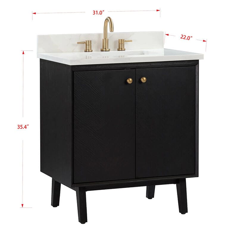 Adele 30 Single Sink Bathroom Vanity Black Oak in Calacatta Quartz Corner View