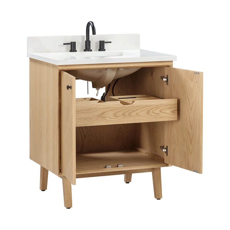 Adele 30 Single Sink Bathroom Vanity Natural Oak in Calacatta Quartz Top Open Drawer