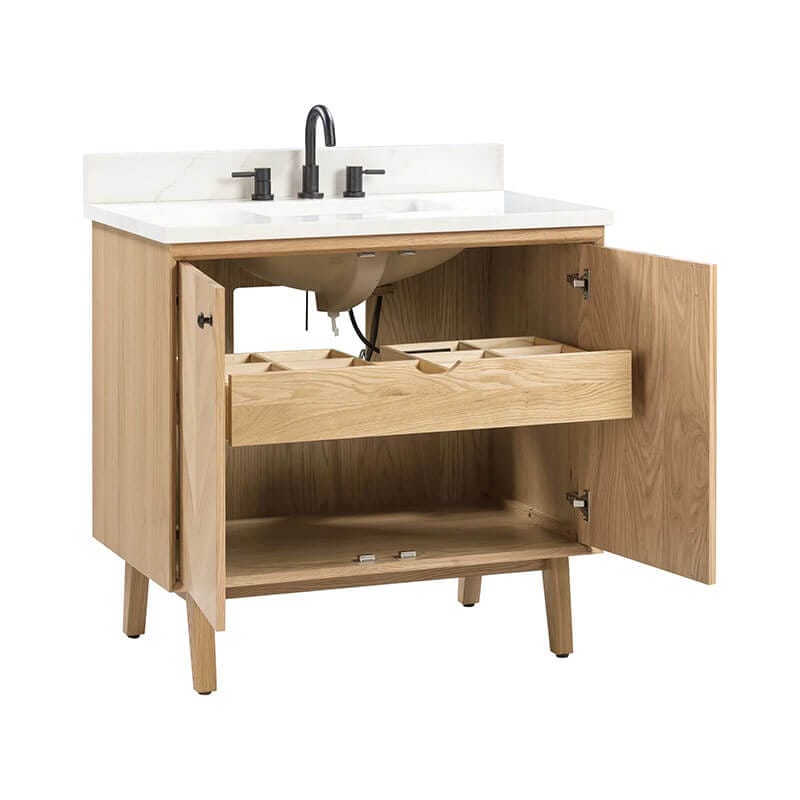 Adele 36 inch Single Sink Bathroom Vanity Natural Oak in Calacatta Quartz Open Drawer
