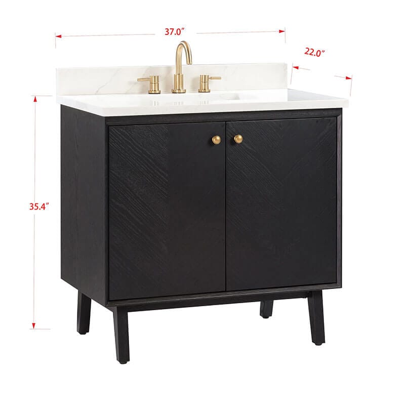 Adele 36 Single Sink Bathroom Vanity Black Oak in Calacatta Quartz Corner View