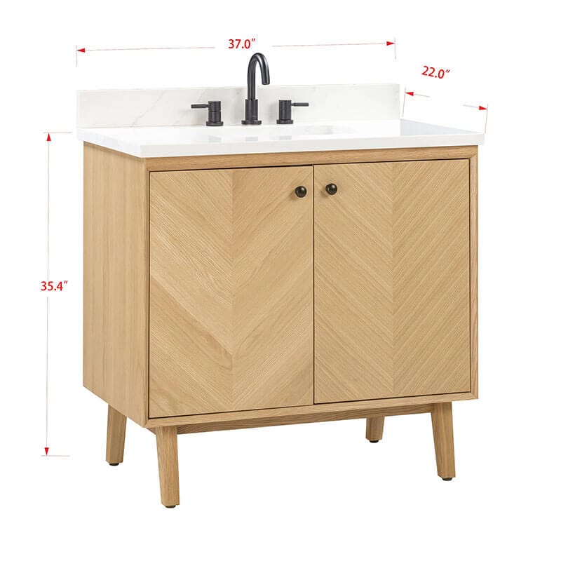 Adele 36 Single Sink Bathroom Vanity Natural Oak in Calacatta Quartz Corner View