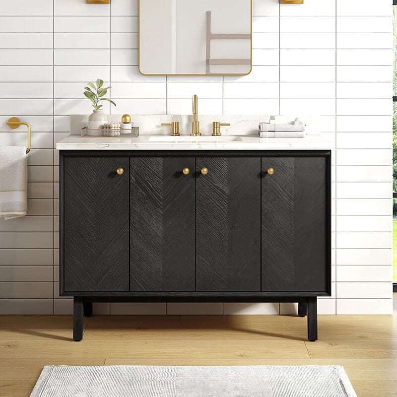 Adele 48 inch Single Sink Bathroom Vanity Black Oak in Calacatta Quartz