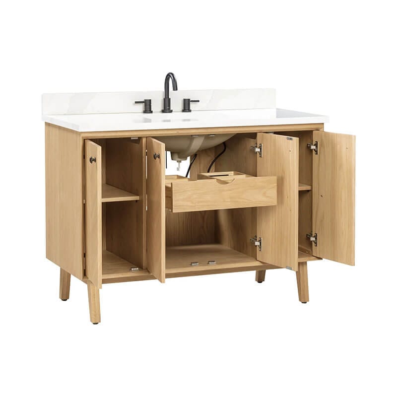 Adele 48 inch Single Sink Bathroom Vanity Natural Oak in Calacatta Quartz Open Drawer