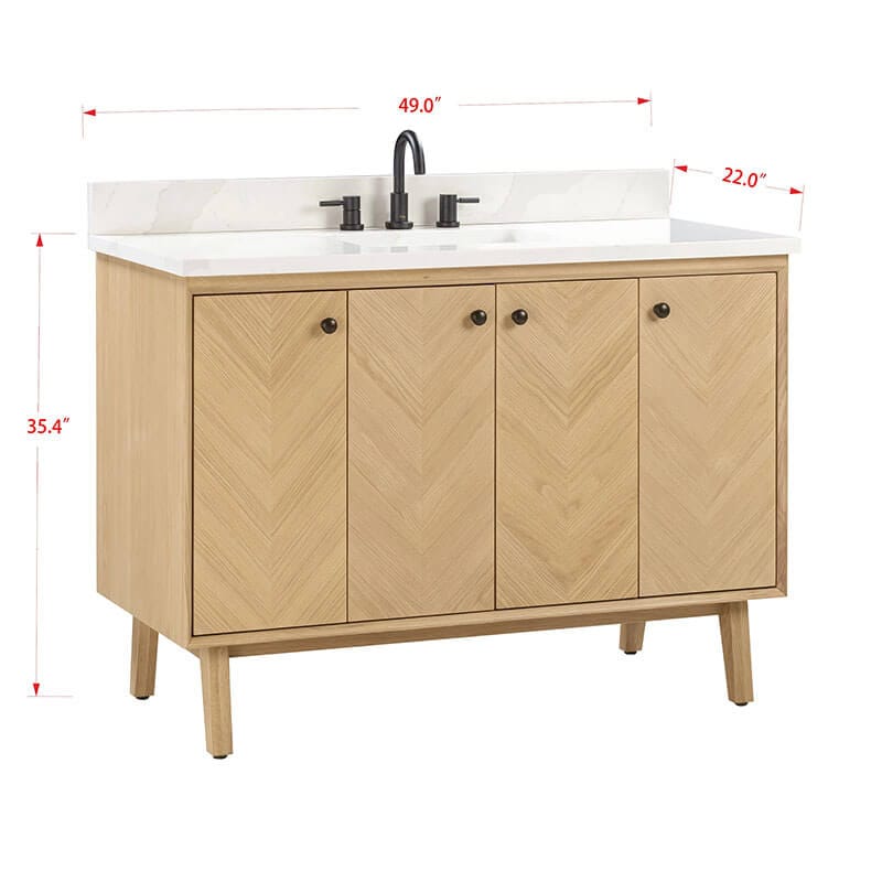 Adele 48 Single Sink Bathroom Vanity Natural Oak in Calacatta Quartz Corner View