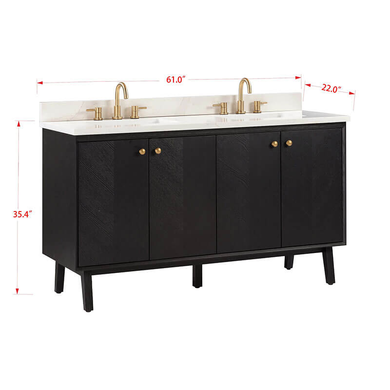 Adele 60 Double Sink Bathroom Vanity Black Oak in Calacatta Quartz Corner View