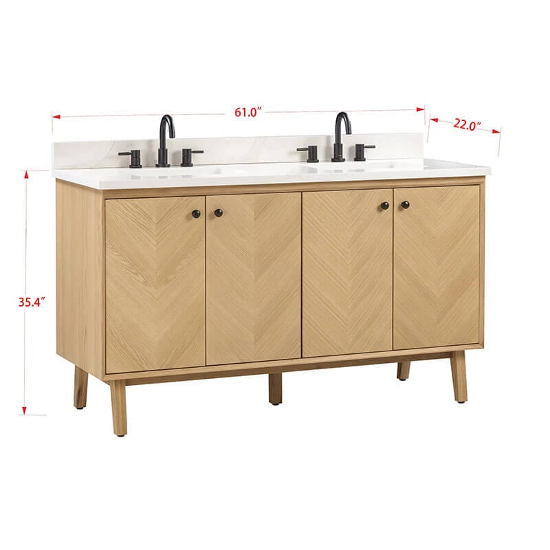 Adele 60 Double Sink Bathroom Vanity Natural Oak in Calacatta Quartz Corner View