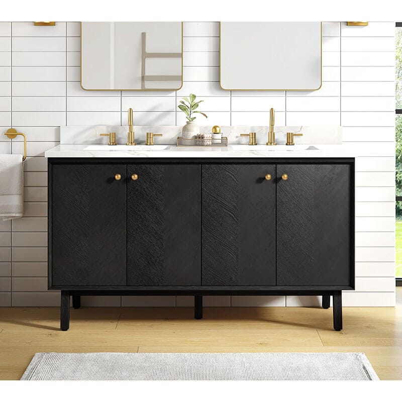 Adele 60 inch Double Sink Bathroom Vanity Black Oak in Calacatta Quartz Front View