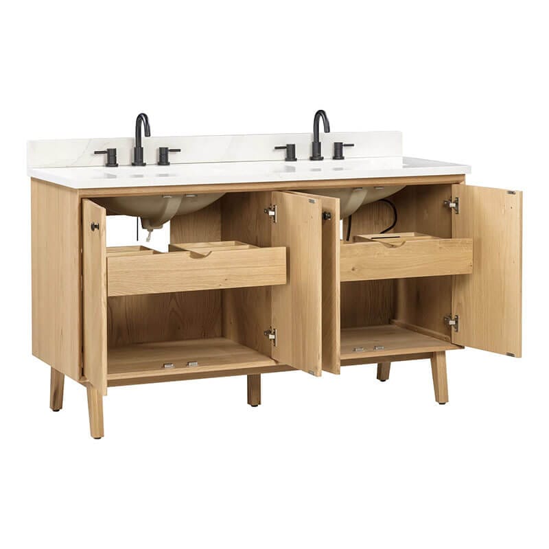 Adele 60 inch Double Sink Bathroom Vanity Natural Oak in Calacatta Quartz Open Drawer