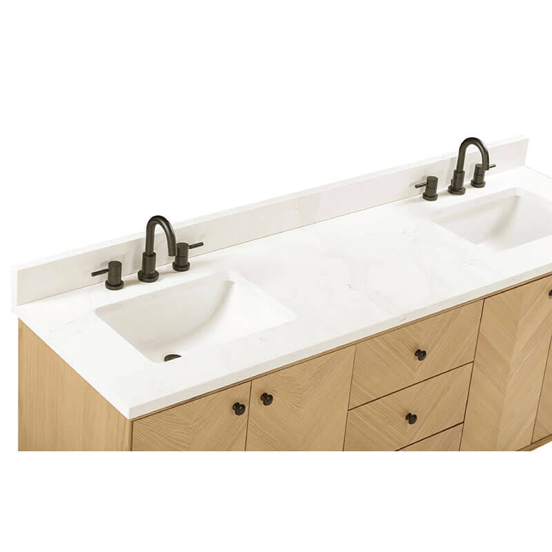 Adele 72 Double Sink Bathroom Vanity Natural Oak in Calacatta Quartz
