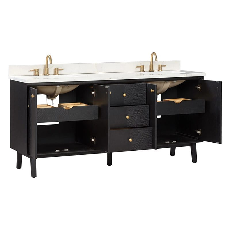 Adele 72 inch Double Sink Bathroom Vanity Black Oak in Black Oak Open Drawer