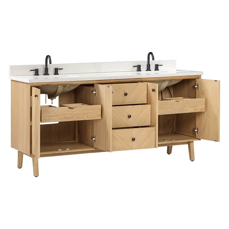 Adele 72 inch Double Sink Bathroom Vanity Natural Oak in Calacatta Quartz Open Drawer