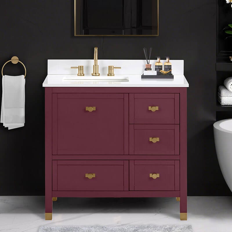 Alana 36 Inch Single Vanity Burgundy Red in White Engineered Stone Front View
