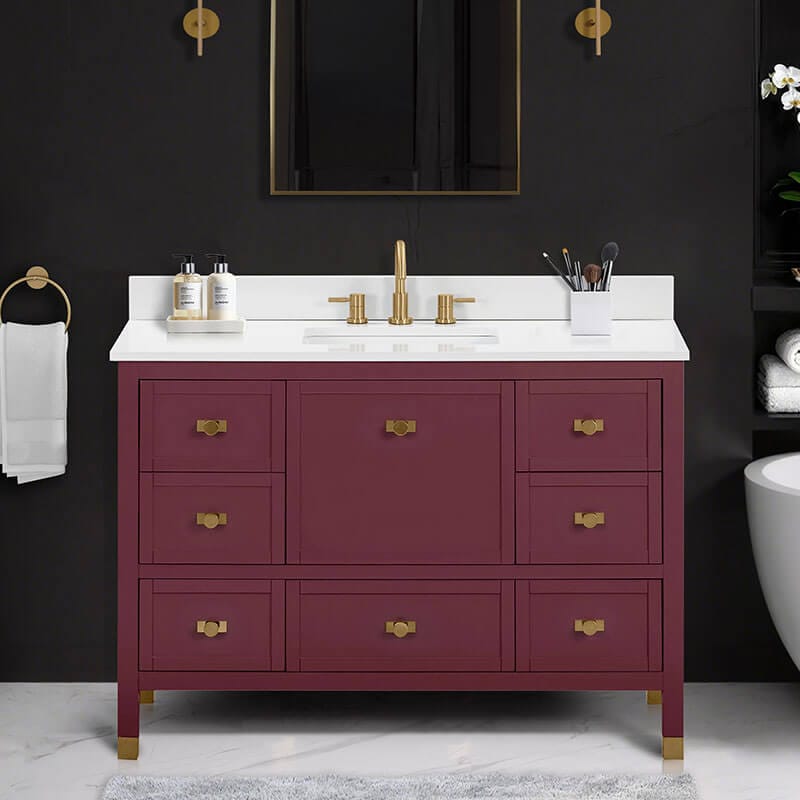 Alana 48 Inch Single Vanity Burgundy Red in White Engineered Stone Front View