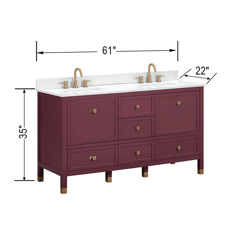 Alana 60 Double Vanity Burgundy Red in White Engineered Stone Dimension
