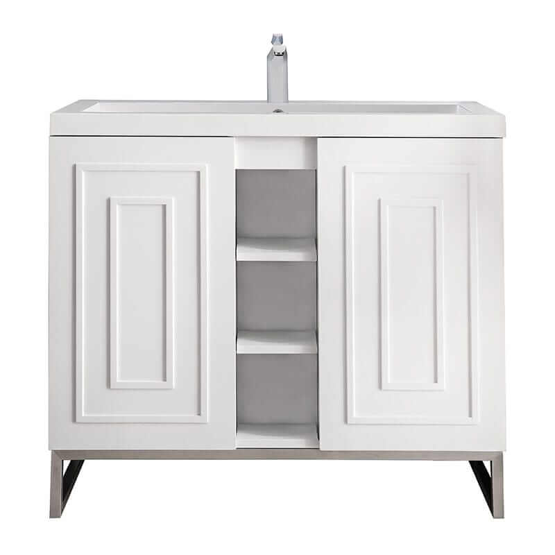 Alicante 39.5 Inches Single Vanity Glossy White Brushed Nickel Front View