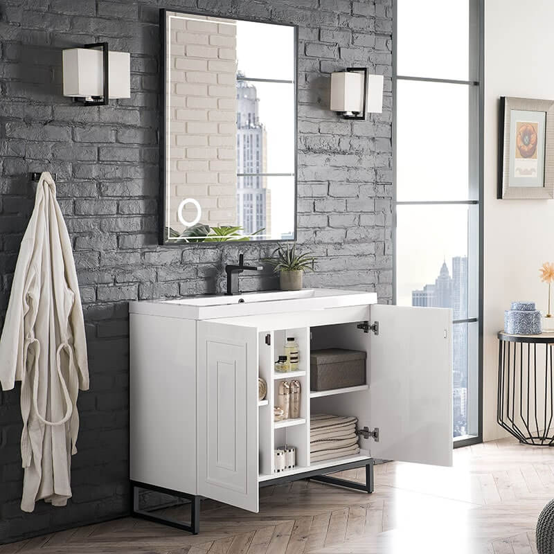 Alicante 39.5 Inches Single Vanity Glossy White Side View Open Cabinet