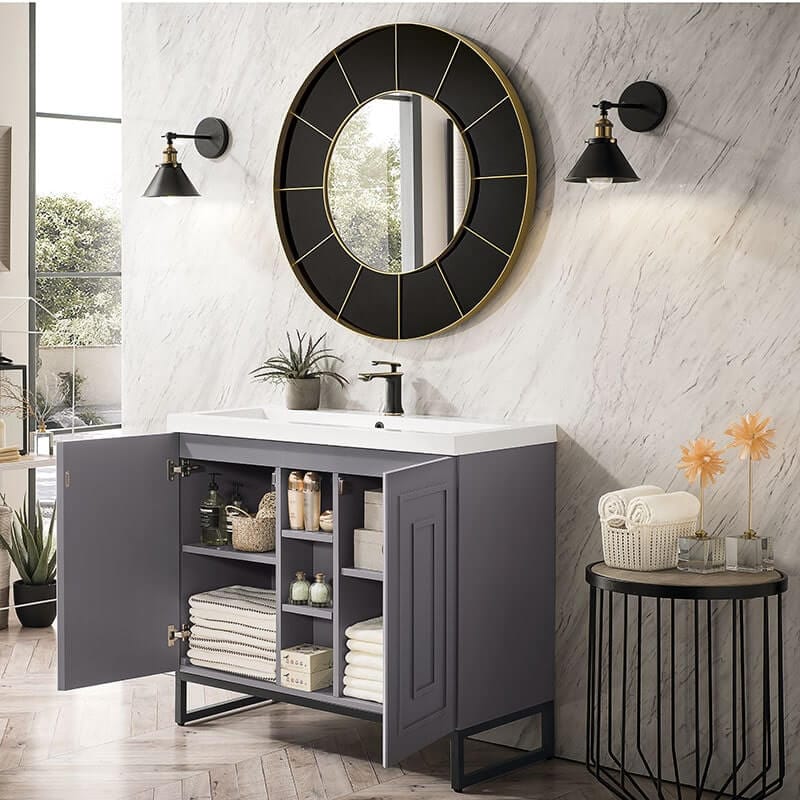 alicante 39.5" single vanity gray smoke matte black side view open cabinet