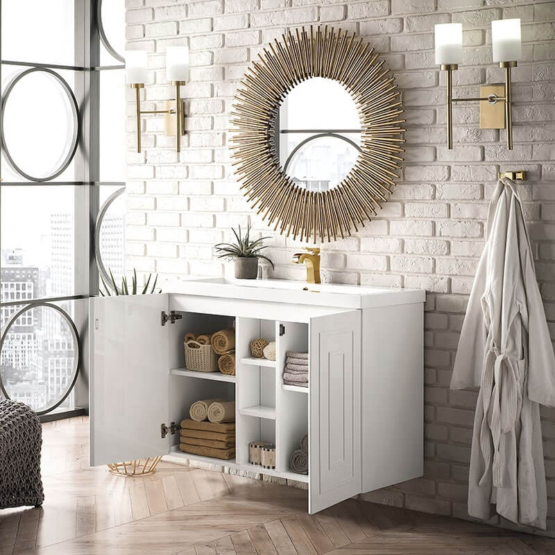 Alicante 39.5" Single Wall Mount Vanity Glossy White Side View Open Cabinet