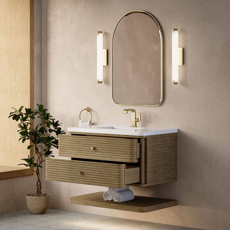 Allamari 36 Inch Single Vanity Dune Mist in Single Hole Faucet White Zeus Silestone Side View Open Drawer